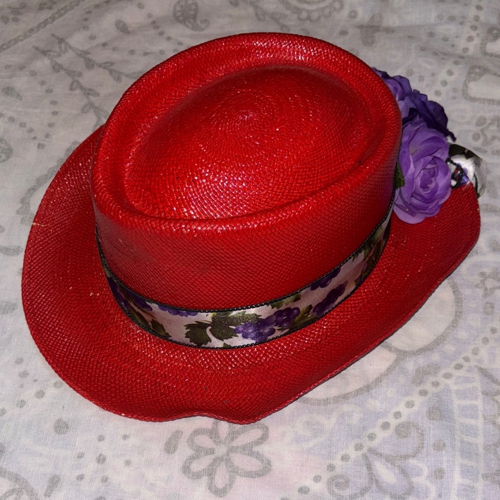 Pinzano Handwoven Brim Hat Weave Purple Flowers 6 7/8